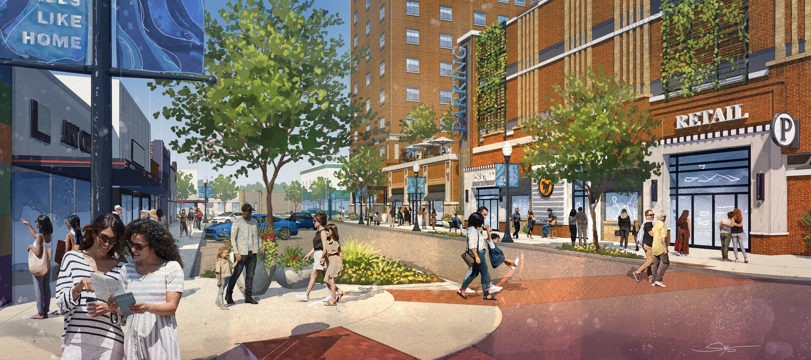 Downtown Plan Render of new streetscaping on fisk ave. and baker st.