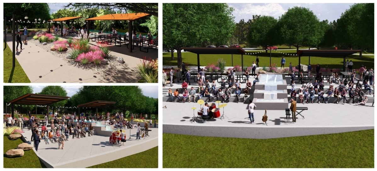 Riverside Park Overlook Pavillion Render Collage featuring a pavillion overlooking the river